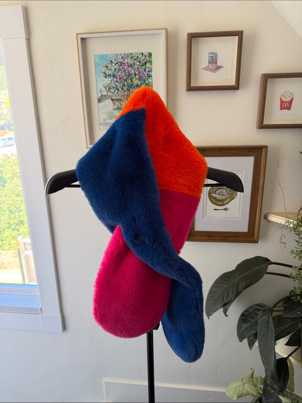 Kids Plush Colorblock Scarf in Blue, Pink & Orange